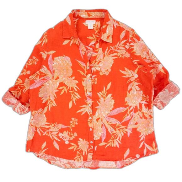 NEW Cynthia Rowley 100% Linen Button Down Shirt Hawaiian Floral Resort Coastal - Picture 1 of 7